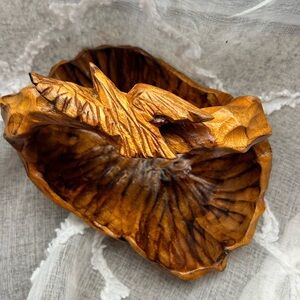 Vintage Hand-Carved Wood Bowl Fruit Basket With Carved Bird Handle Centerpiece
